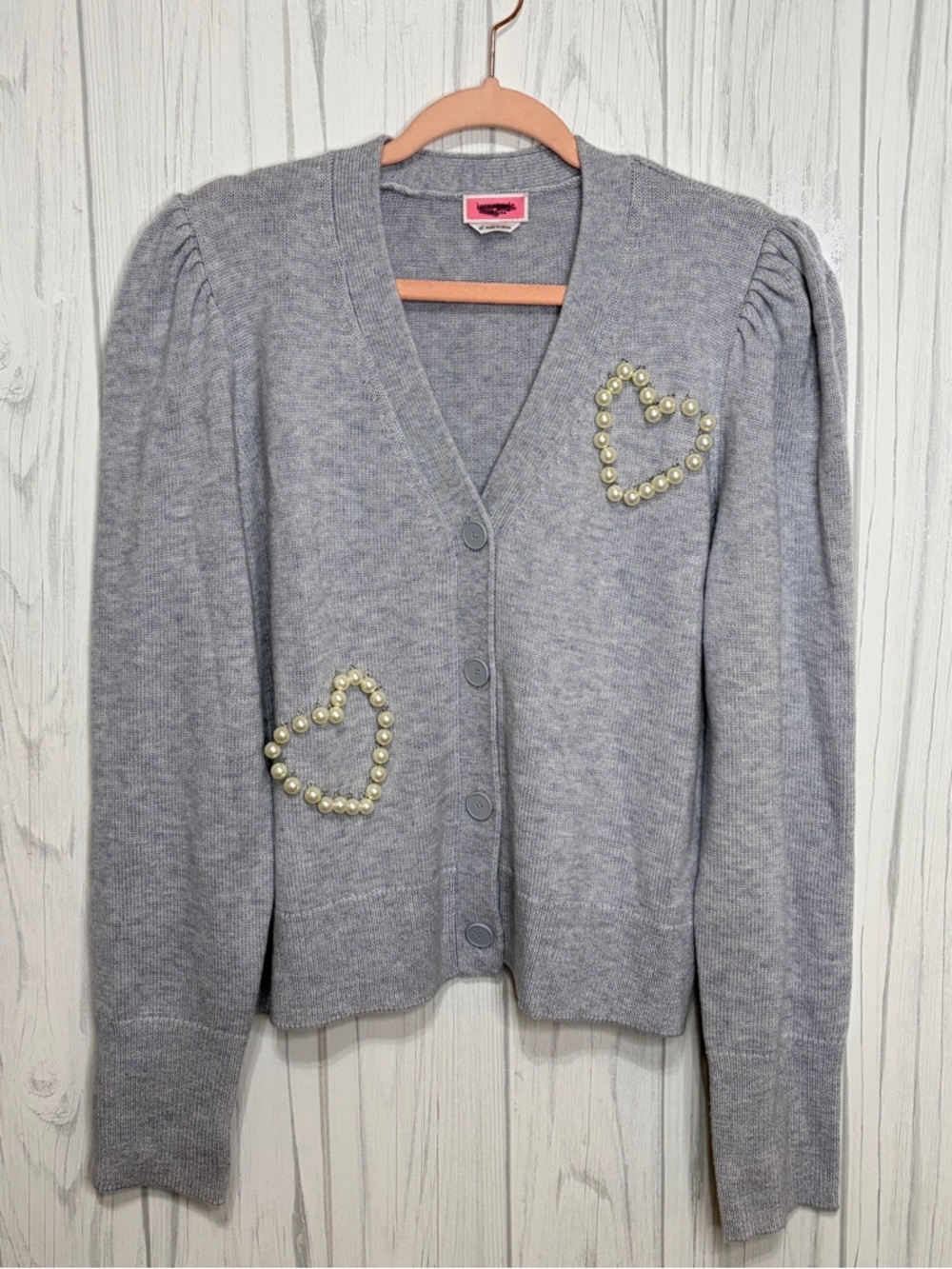 KATE SPADE NEW YORK Pearl Heart Embellished Light Gray Cardigan, XL - Picture 2 of 10